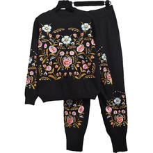 Autumn Winter Black Tracksuit Knitted Set Embroidery Flowers Long Sleeve Sweater + Casual Pants Two Piece Set Women Outfits H700 2024 - buy cheap