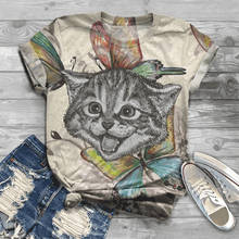 Camiseta feminina plus size 5xl, manga curta, estampa de gato de desenho animado, gola redonda, camiseta feminina, camiseta feminina 2024 - compre barato