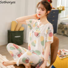 Pajamas Sets Women Short Sleeve Full Length Loose Printed Sweet Causal Home Wear Female Breathable Soft Thin Chic Korean Style 2024 - buy cheap