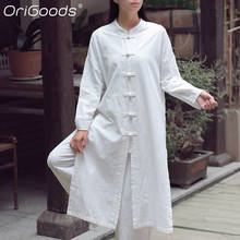 Camisa larga de estilo chino para mujer, blusa larga Vintage, camisas de manga larga de Blanco sólido, Tops de Tai Chi Zen, bata estilo camisa C122 2024 - compra barato