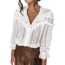 Blusa elegante de manga larga para primavera y otoño, camisa de encaje con flores ahuecadas para mujer, rebeca con botones 2024 - compra barato