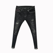 Wholesale 2022 Teenagers Ripped Pants Trendy Men\'s Slim Jeans Korean Pants Social Youth Pencil Pants Hair Stylist Pencil Pants 2024 - buy cheap