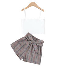 Kids Baby Girls Summer Off Shoulder Tops Vest Solid Plaid Belt Shorts Pants Toddler Children Clothes Sets 2pcs 18M-6Y 2024 - купить недорого