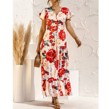 Floral Print Summer Long Dress for Women Button Tie Waist Dress Vintage Boho Beach Ruffles Short Sleeve Dresses Vestidos Mujer 2024 - buy cheap