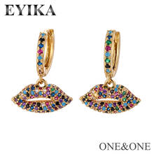 EYIKA Popular Small Women Loop Earring Paved Mix Color Zircon Lips Hoop Earring Gold Black Silver Color Feminina Серьги Jewelry 2024 - buy cheap