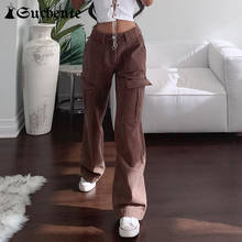 SUCHCUTE-pantalones holgados marrones con bolsillos grandes para mujer, ropa de calle informal de estilo coreano, Pantalones rectos de los años 90, Harajuku, primavera 2021 2024 - compra barato