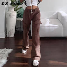 SUCHCUTE Streetwear Big Pocket  Brown Baggy Pants For Women Korean Style Casual 90s Straight Pants Harajuku 2021 Spring 2024 - buy cheap