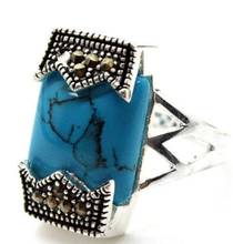 Free shipping  12*20mm Fashion 925 Sterling Silver Blue Natural Turquoise Marcasite Ring Size 7/8/9/10 2024 - buy cheap