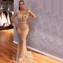 Middle East Champagne Formal Evening Dresses 2020 Long V-Neck Prom Dress Party Sequins Cocktail Gowns Special Occasion Vestidos 2024 - buy cheap