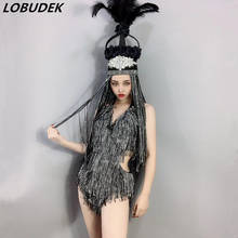 Bar Nightclub Women DJ Sexy Stage Costume Singer Dancer Silver Black Crystals Tassels Bikini Bodysuit Wig Mask Headdress Outfit 2024 - buy cheap