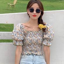 Vintage Floral Print Square Collar Chiffon Blouse Sweet Puff Sleeve Elastic Slim Women Cropped Pleated Female Tops Feminina 2024 - buy cheap