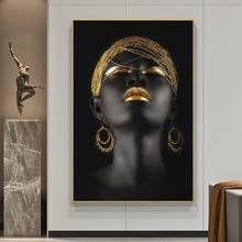 African Sexy Woman Canvas Art Posters And Prints Black Girls with Golden Headdress Canvas Paintings On the Wall Art Pictures 2024 - buy cheap
