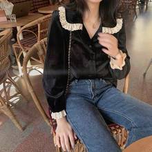 Bella Philosophy 2020 Spring Women Solid Long Sleeve Blouse Lady Turn Down Collar Elegant Lace Tops Female Vintage Velvet Shirts 2024 - buy cheap