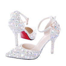 Summer hollow rhinestone bridal shoes white super high heel stiletto crystal shoes one-word wristband pointed wedding shoes wome 2024 - buy cheap