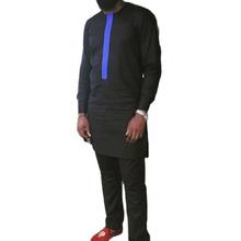 Man Shirts With Pants Senator style Black/Blue dashiki Patchwork Top+Solid Trouser Groom Suit Custom Made Men's African clothes 2024 - buy cheap