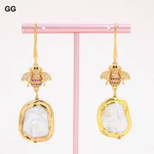 GuaiGuai Jewelry White Square Keshi Pearl Gold Plated Cz Pave Beetle Hook Earrings 2024 - buy cheap