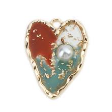 Doreen Box Fashion Zinc Based Alloy Charms Heart Gold Metal Multicolor Enamel Pendants DIY Making Jewelry 26mm x 20mm, 5 PCs 2024 - buy cheap