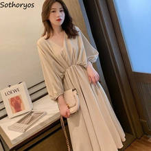 Dress Women Loose Simple Solid Hgih Quality Trendy All-match Korean Style Batwing Sleeve Clothing 2020 Lovely V-Neck Summer Chic 2024 - buy cheap