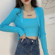 Korean Style Two Piece Set Cardigan Women Sexy Autumn Candy Color Long Sleeve Ribbed Knitted Cropped Sweater and Matching Vest 2024 - buy cheap