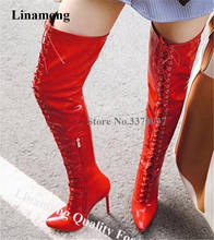 Linamong женское сексуальное Лакированная кожа Сапоги выше колена; Сапоги на шпильке на шнурках красные, черные длинные, с высоким каблуком сапоги Туфли под платье 2024 - купить недорого