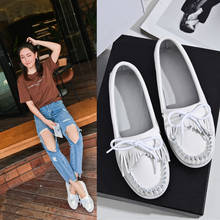 2020 Popular Leather White Shoes White with Tassels Casual Pumps Mom Shoes Flat Lace-up 2024 - buy cheap