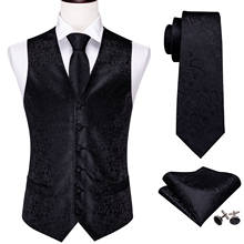 Chaleco de traje ajustado para hombre, conjunto de corbata de Cachemira, pañuelo, gemelos, chaqueta, chaleco de seda negra para negocios 2024 - compra barato