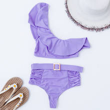 Sexy Solid Purple One Shoulder Bikini 2021 Women Ruffled Push Up High Waist Swimsuit Beach Bathing Suit Buckle Belt Swimwear 2024 - buy cheap