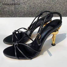 Sandalias de piel auténtica con banda estrecha para mujer, zapatos negros con tacón de cisne extraño, Sexy, de alta calidad, novedad de 2021 2024 - compra barato