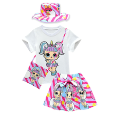 Комплект летней одежды для маленьких девочек 2020, футболка с короткими рукавами с героями мультфильмов топ + сумка + юбка + шапочка, комплект одежды детский костюм для девочек 2024 - купить недорого