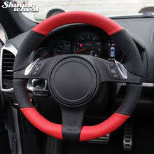 Shining wheat Black Red Genuine Leather Car Steering Wheel Cover for Porsche Cayenne Panamera 2010- 2011 2024 - buy cheap