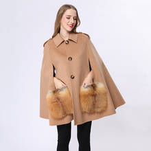 Missjanefur Woolen Poncho Women Real Fox Fur Pocket Fashion Loose Cashmere Cape Coat 2020 Winter 2024 - buy cheap