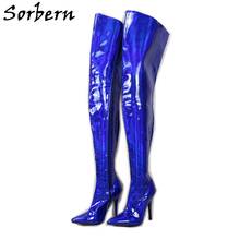 Sorbern-Botas Azules reales para mujer, botines de 12Cm y 18Cm de altura hasta el muslo, Stilettos, eje duro, fetiche, Drag Queen, ajustadas 2024 - compra barato