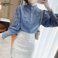 Blusa de manga larga con cuello alto para mujer, camisa coreana con costura de encaje, botones de flores huecas, 12948 2024 - compra barato