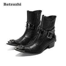 Batzuzhi 6.5 cm salto alto western cowboy botas feitas à mão de alta qualidade couro tornozelo botas homens punk apontou dedo do pé de ferro com correntes! 2024 - compre barato