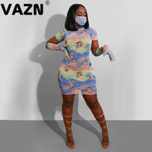 VAZN-minivestido de manga corta con cuello alto para mujer, 3 piezas, máscara de aumento, Vintage, elegante, cintura alta, 2020 2024 - compra barato