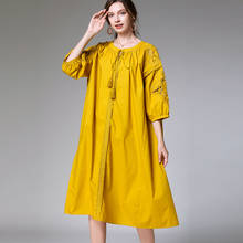 Vestido solto bordado plus size, vestido feminino manga comprida gola redonda tamanho grande, primavera 2024 - compre barato