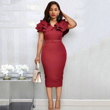 Summer Plus Size Elegant Party Dress Women 2019 Wine Red Short Sleeve Ruffle Robe Vintage Ladies Sexy Split Bodycon Midi Dresses 2024 - buy cheap