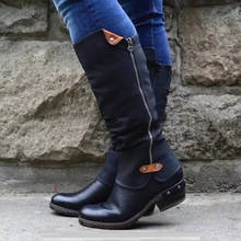 2022 Western Black KneeHigh Boots For Women Winter Pointed Toe Cowboy Boots Chunky Long Boots Runway Ladies Motorcycle Boots 2024 - buy cheap