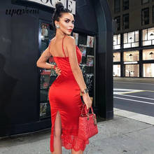 Vestido de cetim feminino, sem mangas, com alça, painel de renda, midi, vermelho, sexy, festa, 2020 2024 - compre barato