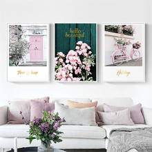 Fresh Ins style be the best pink door bicycle flamingo house flower Modern Wall Art Picture Canvas Painting for porch room Decor 2024 - buy cheap