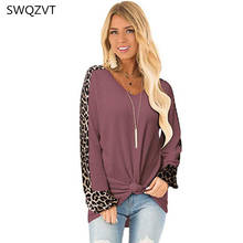 Impressão de leopardo camisas femininas moda casual manga longa splice torção solta camisetas das senhoras roupas t camisa feminina topos 2024 - compre barato