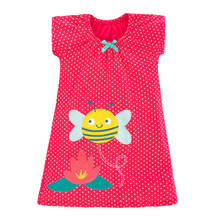 Little madulta crianças de verão, vestido curto de malha de algodão, abelha vermelha, apliques, ponto, pescoço em o, manga lanterna, meninas, 2-7 anos 2024 - compre barato
