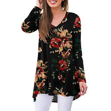 Spring Floral Print Long Sleeve T Shirt Women Clothes V-neck Casual Midi Tops Loose Streetwear Plus Size Tee Shirt Femme 2024 - buy cheap