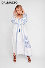 New Spring and Autumn Boho Cotton Embroidery Belt Maxi Long Dresses Women V Neck Lantern Sleeve Runway Loose Holiday Dress 2024 - buy cheap