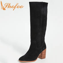 Botas longas e pretas para mulheres, saltos altos e rechonchudos, bico redondo, slip-on, inverno, sapatos femininos, tamanho grande 11, 16 2024 - compre barato