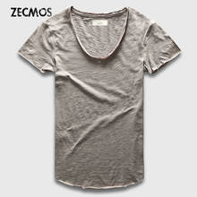 Zecmos Fashion Men T-Shirt With V Neck T Shirts For Men Male Luxury Cotton Plain Solid Curved Hem Top Tees Short Sleeve 2024 - buy cheap