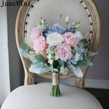 Janevini artificial rosa e azul noiva flor bouquet fleur soie falso seda rosa hydrangea casamento nupcial buquês acessórios 2024 - compre barato