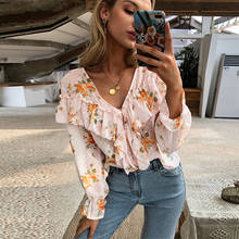 Teelolina blusa feminina chiffon vintage, camisa com gola v manga comprida rosa floral para outono 2024 - compre barato