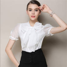 Женская блузка с коротким рукавом, элегантная белая блузка из органзы с большим воротником-бантом, милые рубашки в стиле "Лолита", лето 2021 2024 - купить недорого