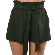 Shorts feminino cintura alta, laço, cinto, coleção verão, folgado, cor sólida 2024 - compre barato